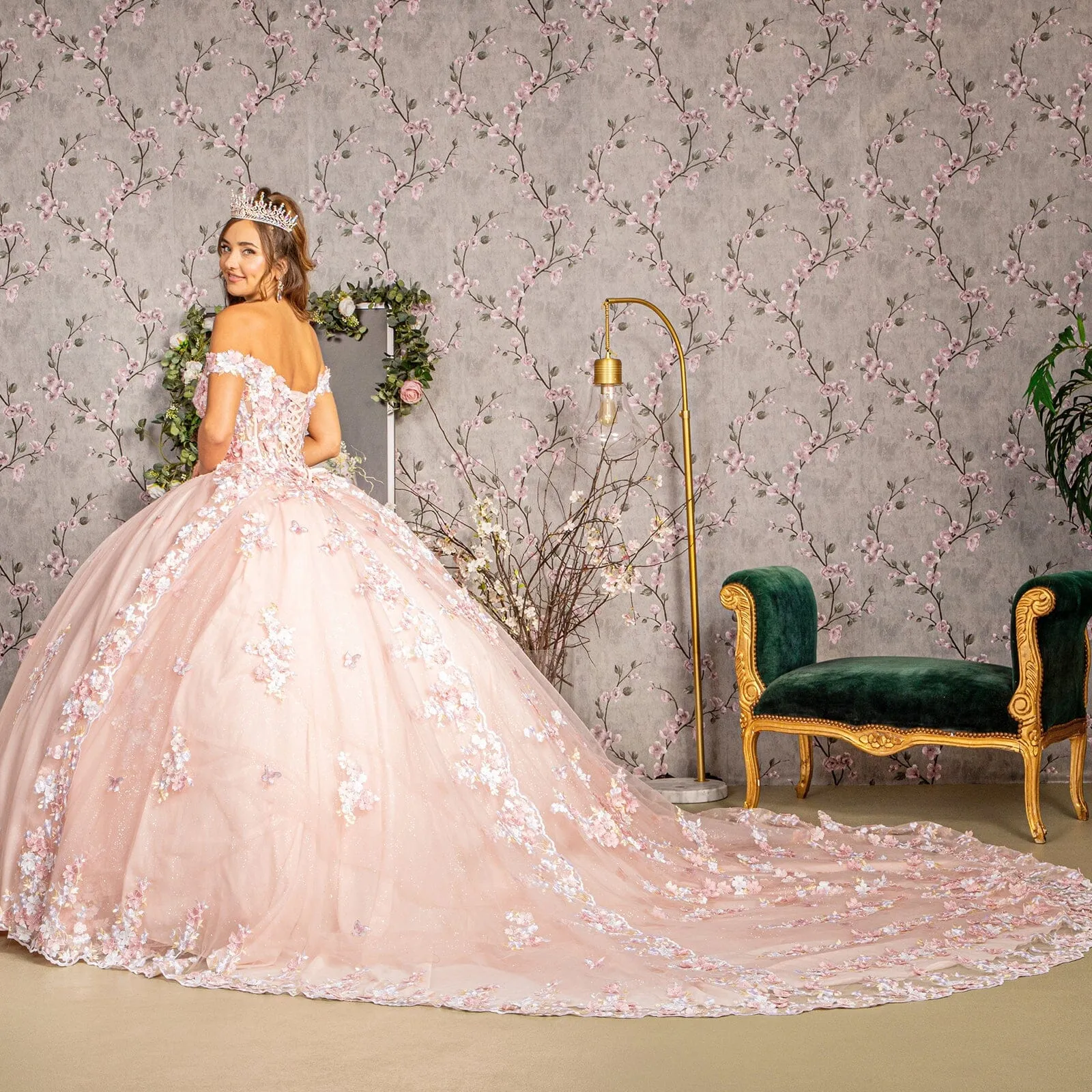 Off Shoulder Sheer Corset Ball Gown by Elizabeth K GL3182