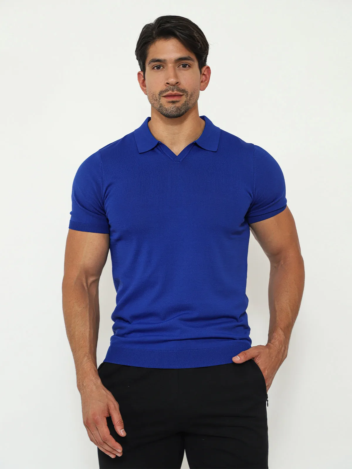 Open Collar Knit Polo Royal Blue