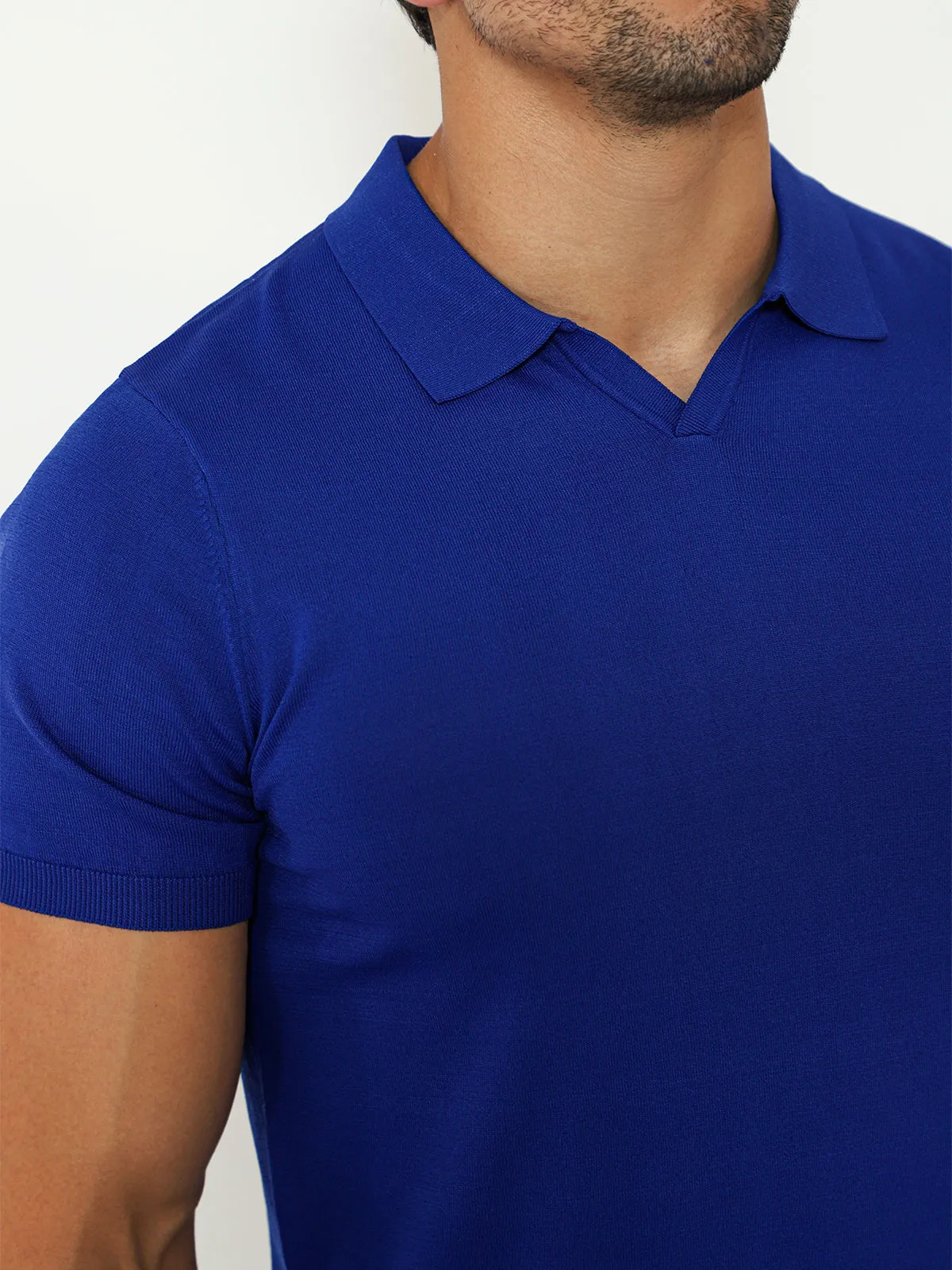 Open Collar Knit Polo Royal Blue