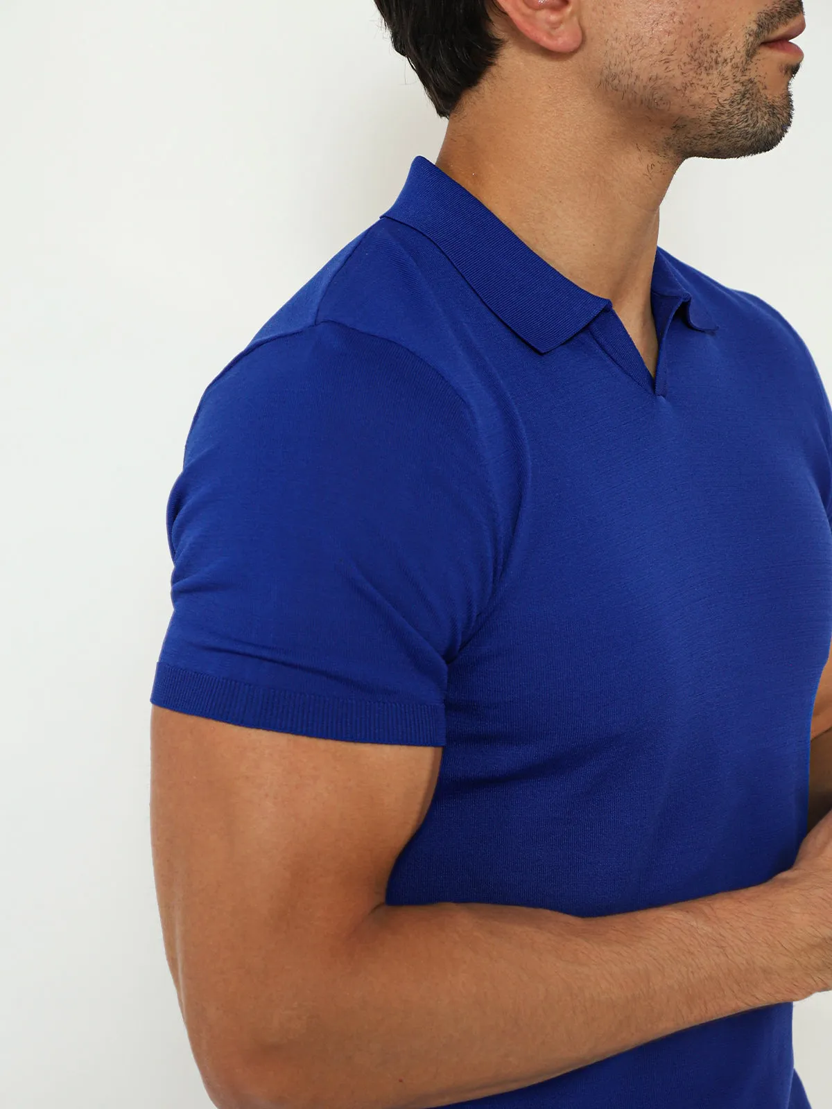 Open Collar Knit Polo Royal Blue