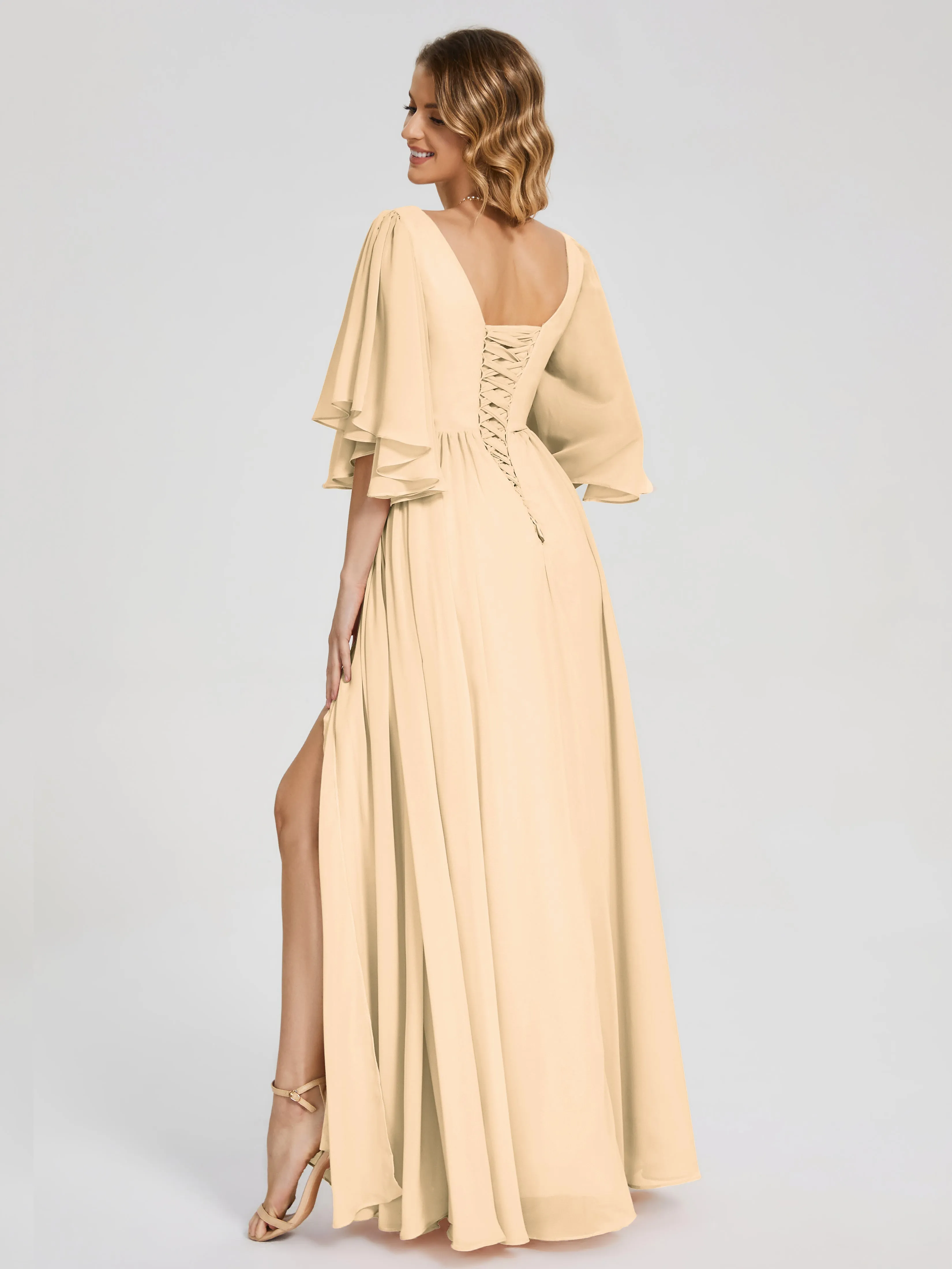 Peachy Pink Bridesmaid Dresses Giselle Pretty Corset Back Chiffon Bridesmaid Dresses