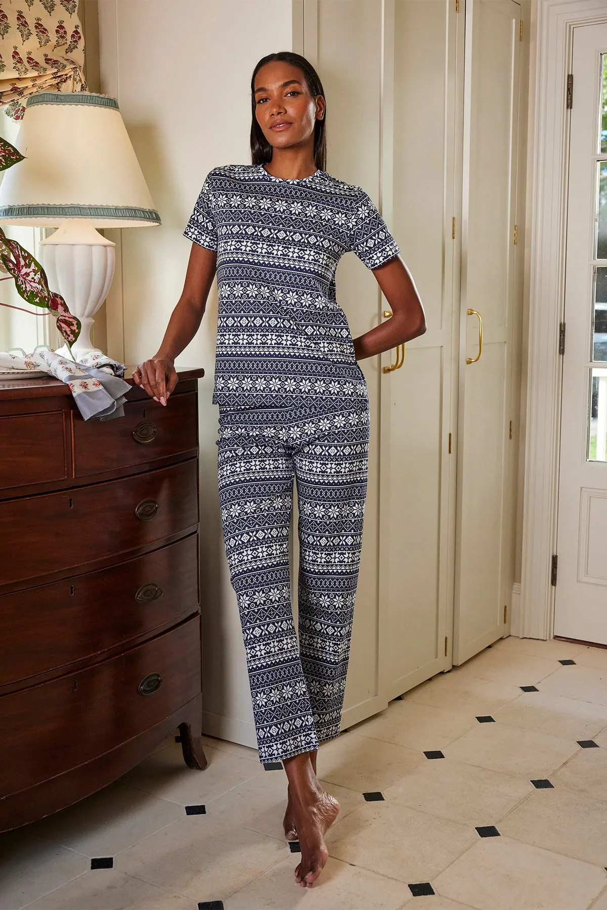 Pima Crew Short-Long Set in English Navy Fair Isle