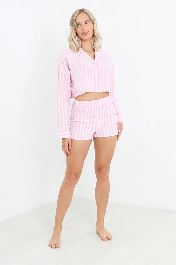 PINK AND LILAC STRIPE PRINT WOVEN PYJAMA SET