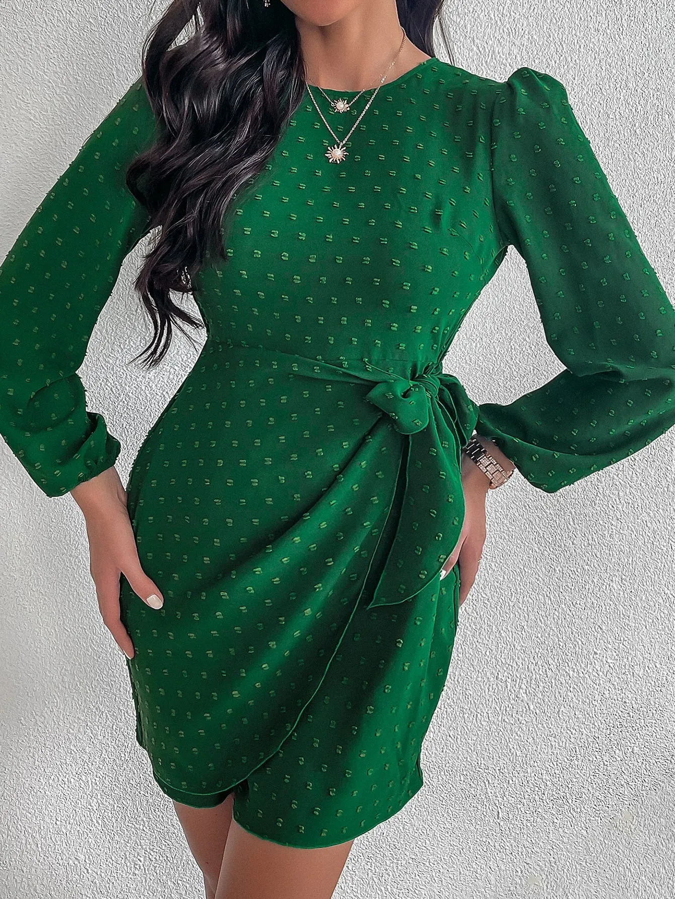 Plain Wrap Three Quarter Length Sleeve Round Neck Wrap High Waist Short Dress