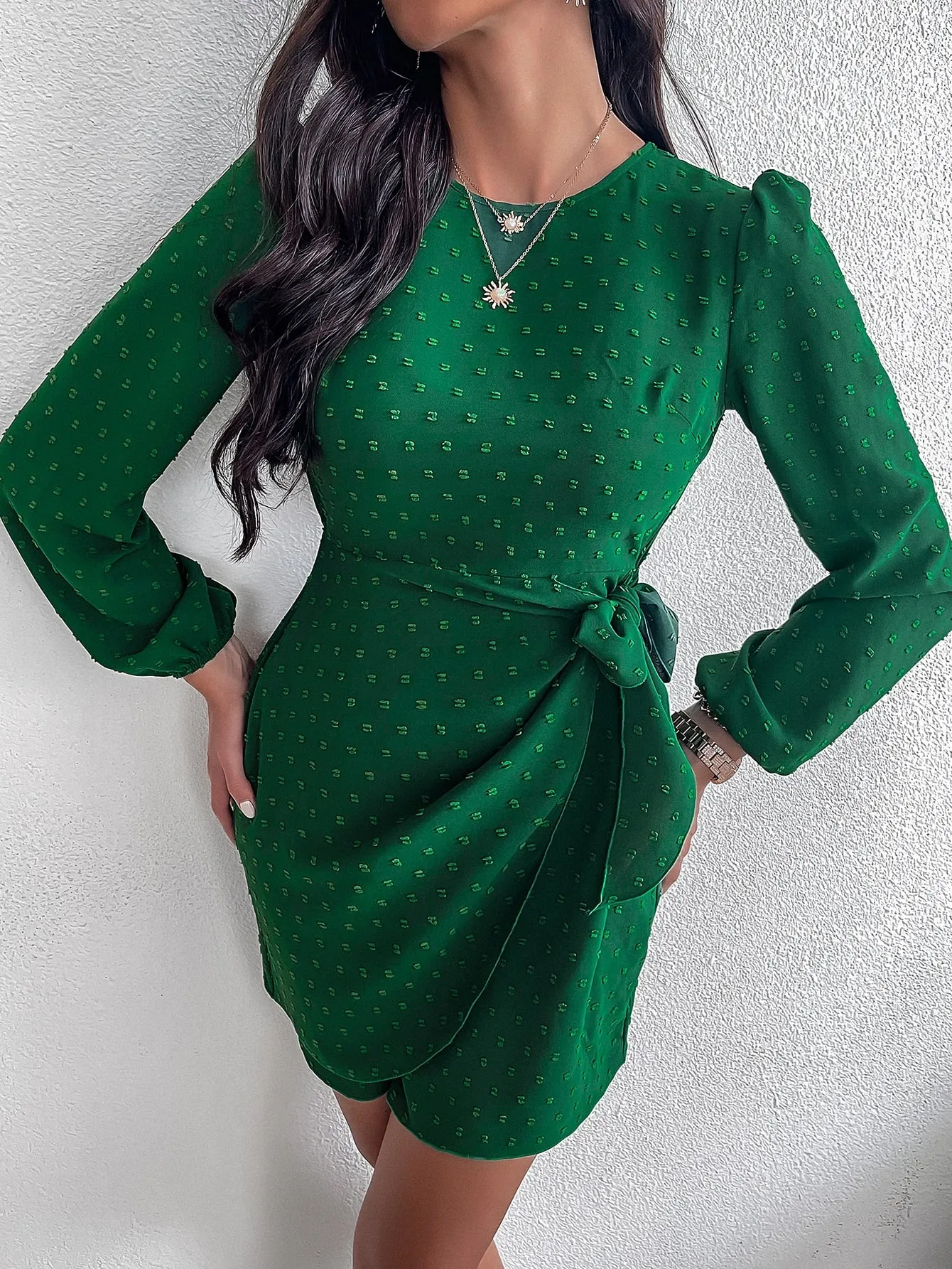 Plain Wrap Three Quarter Length Sleeve Round Neck Wrap High Waist Short Dress