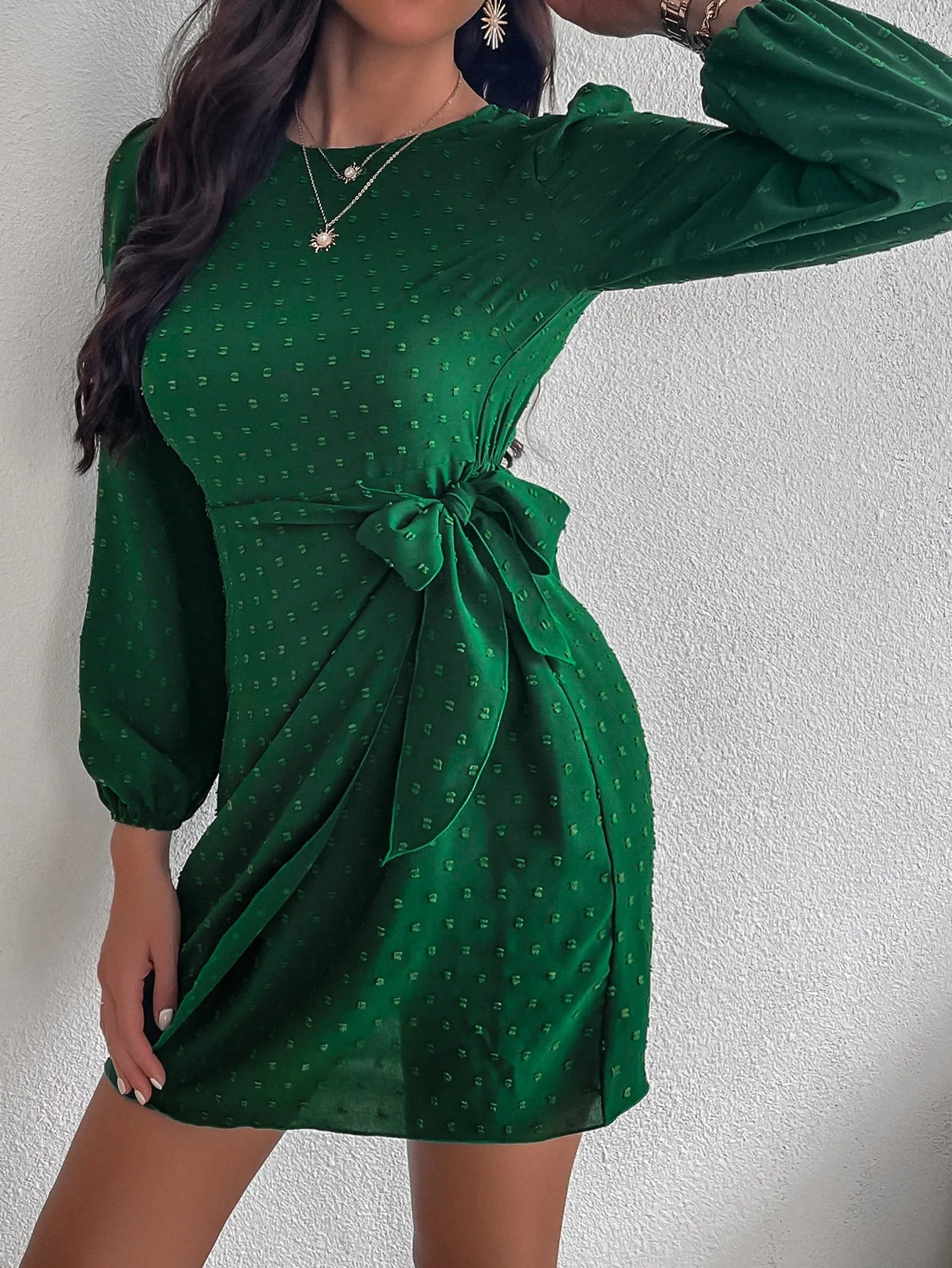 Plain Wrap Three Quarter Length Sleeve Round Neck Wrap High Waist Short Dress