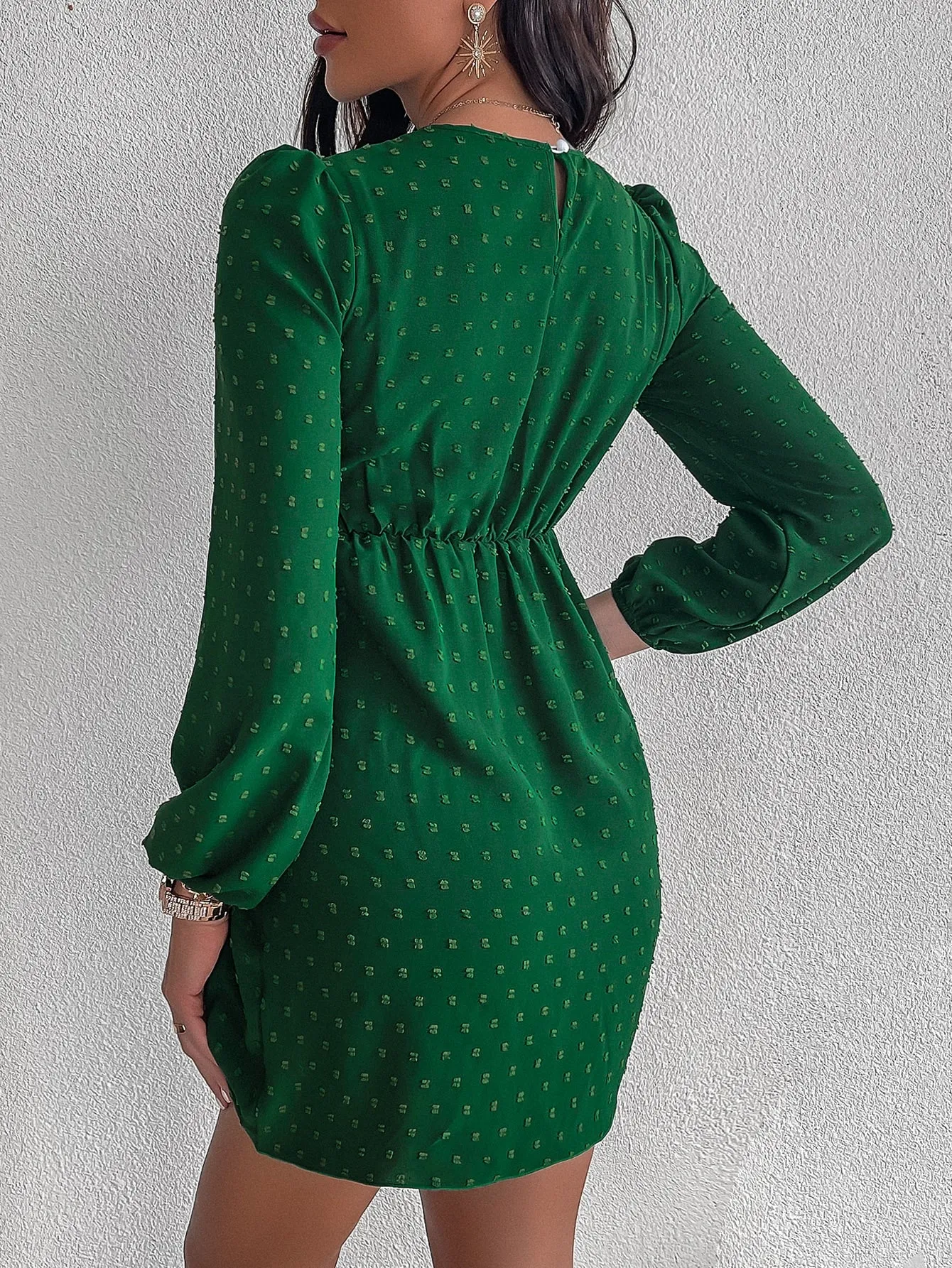 Plain Wrap Three Quarter Length Sleeve Round Neck Wrap High Waist Short Dress
