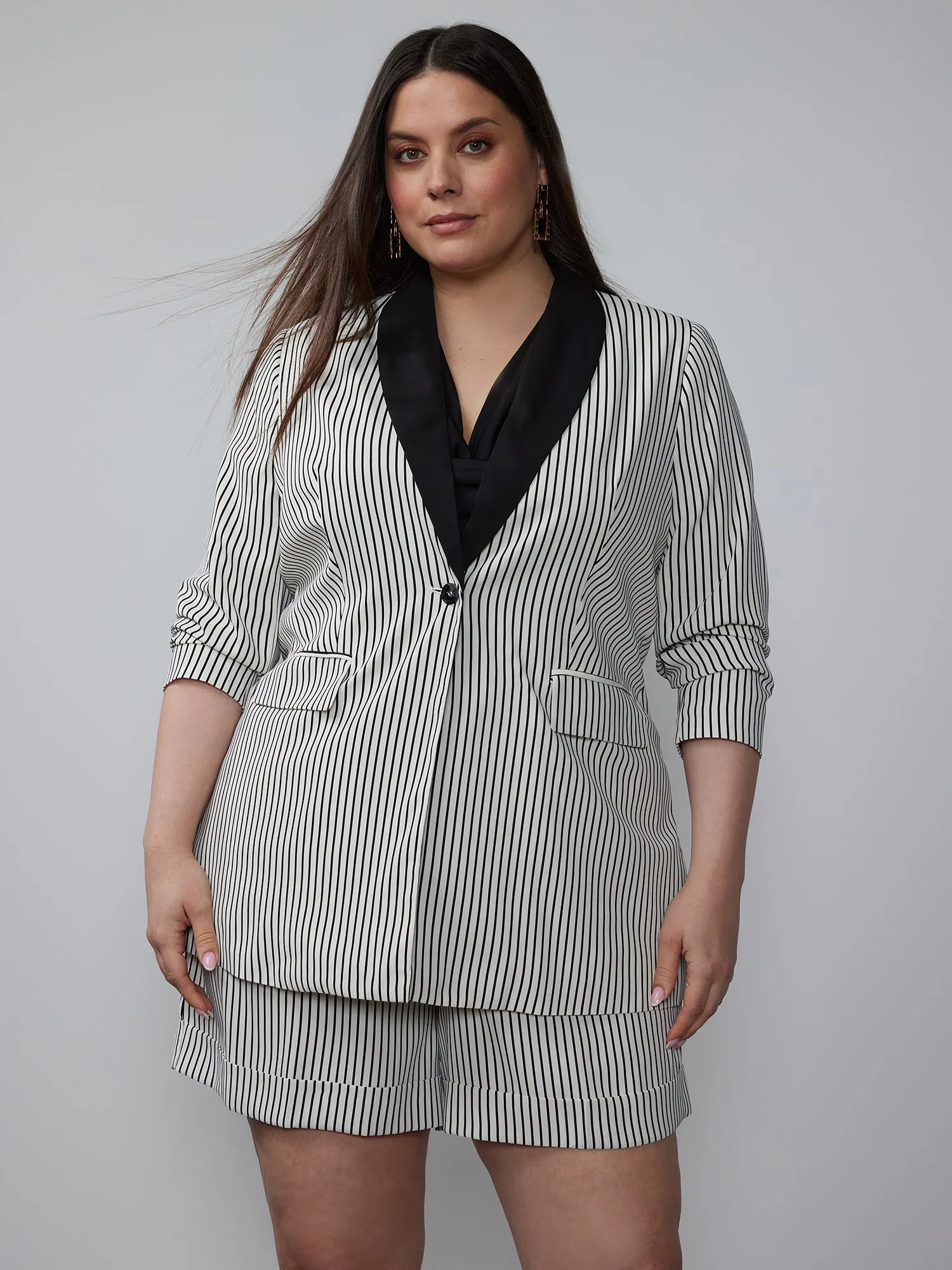Plus Shawl Collar Striped Blazer