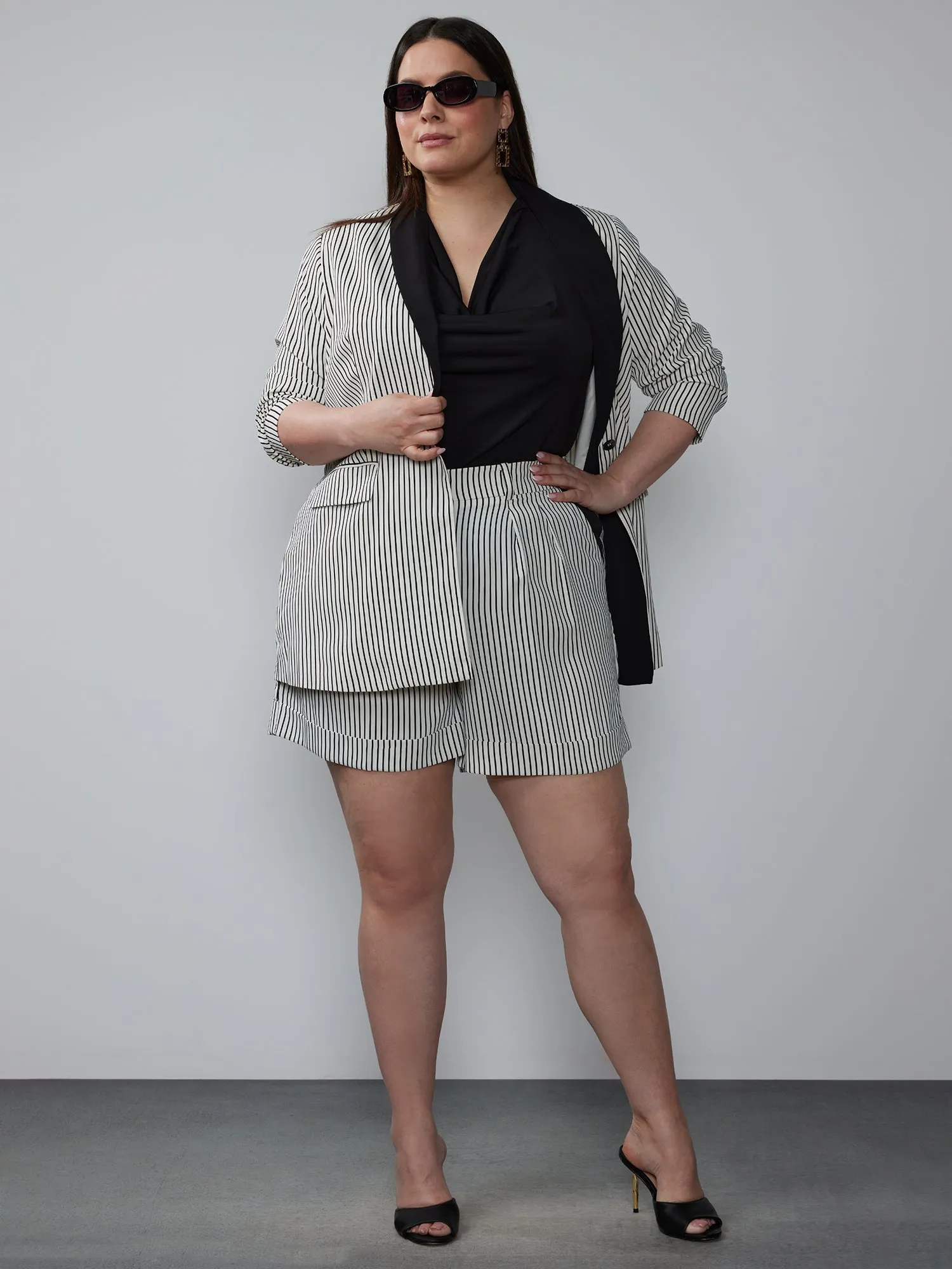 Plus Shawl Collar Striped Blazer