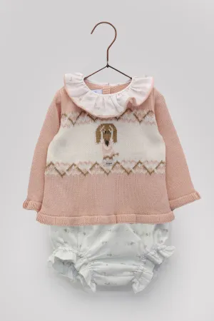 "Astrid" Peach Knit Sausage Dog Top & Bloomers