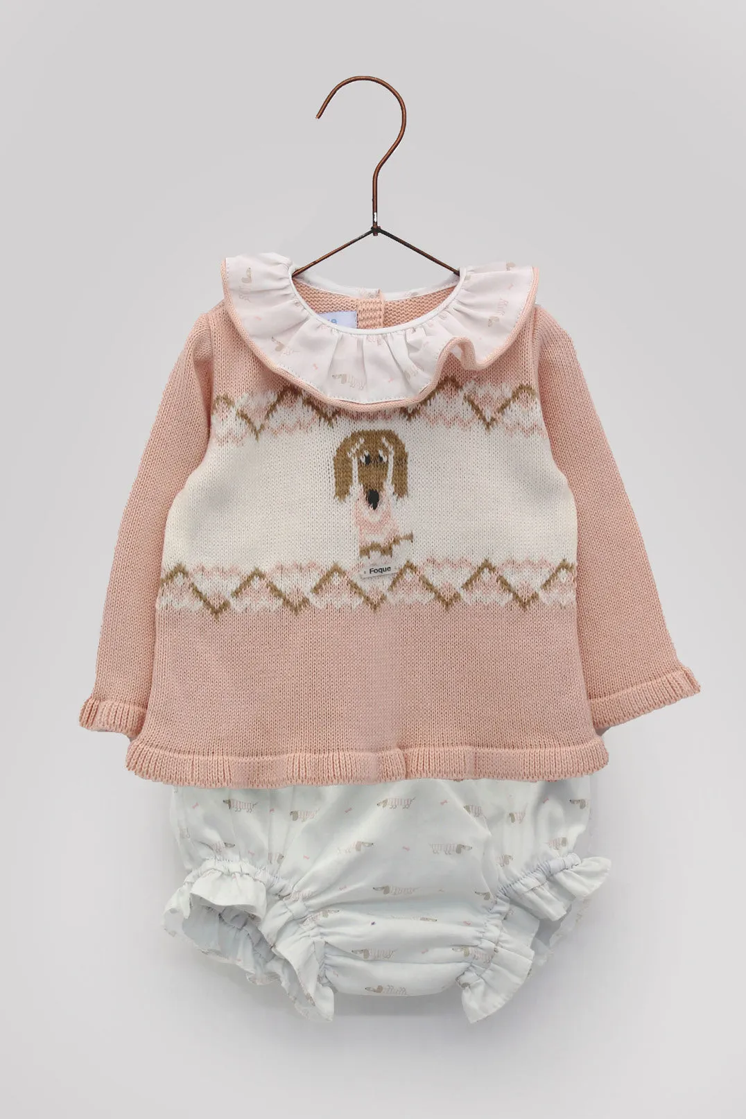 "Astrid" Peach Knit Sausage Dog Top & Bloomers
