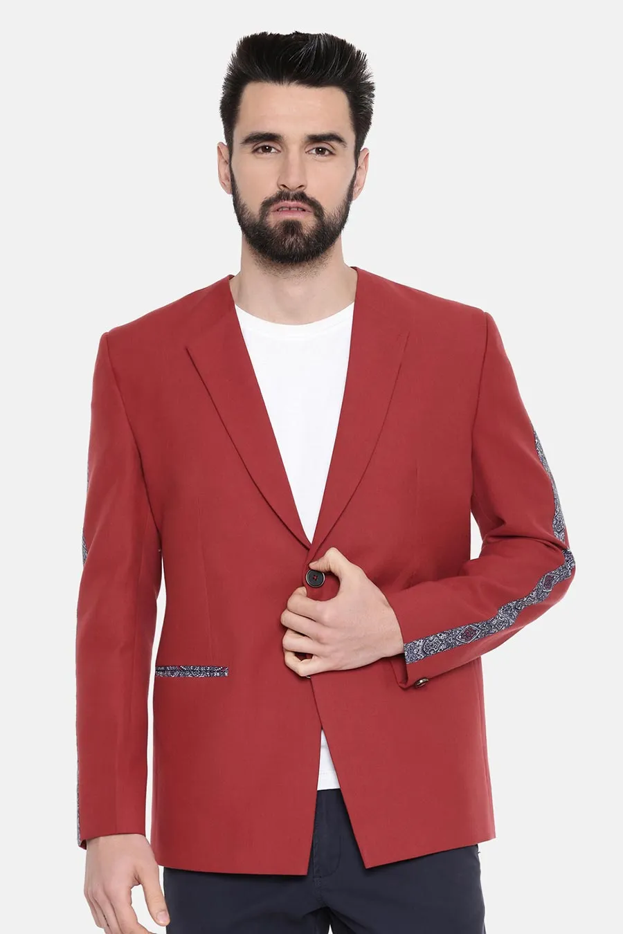 Red Printed Striped Blazer
