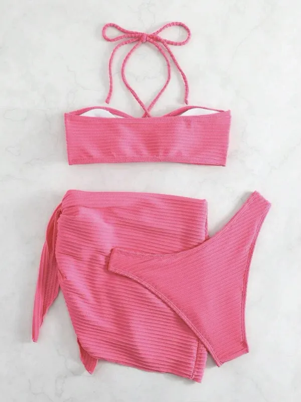 Rib 3 Piece Wireless Bikini Halter with Sarong