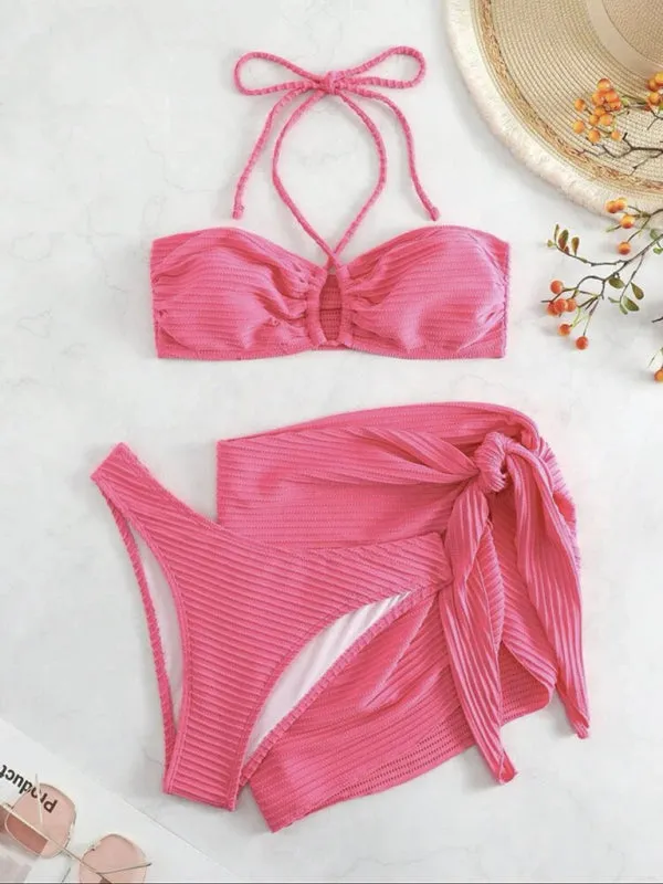 Rib 3 Piece Wireless Bikini Halter with Sarong