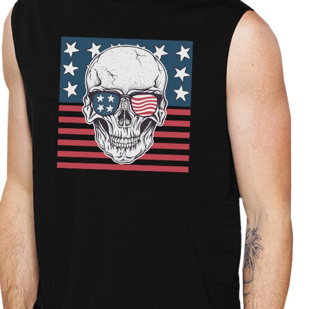 Skull American Flag Mens Black Muscle Tee Crew Neck Line Cotton