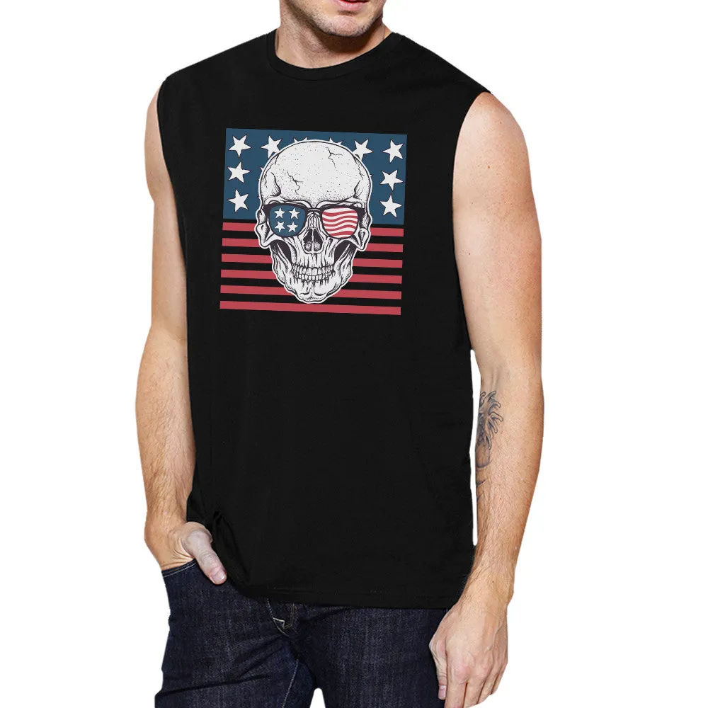 Skull American Flag Mens Black Muscle Tee Crew Neck Line Cotton
