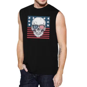 Skull American Flag Mens Black Muscle Tee Crew Neck Line Cotton