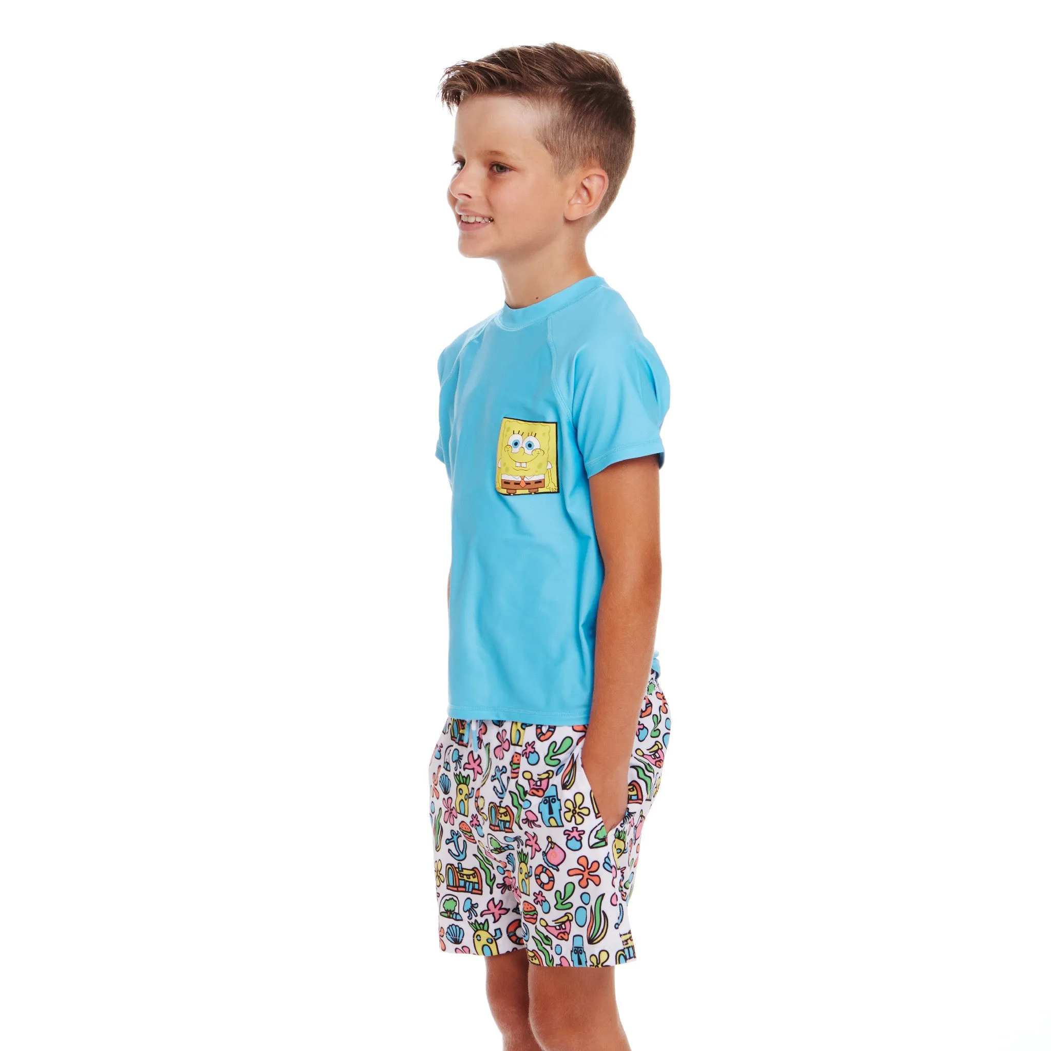 SpongeBob SquarePants™ x Andy & Evan® | Kids (2-7) 3D Dot Pocket & Bikini Bottom Rash Guard Set