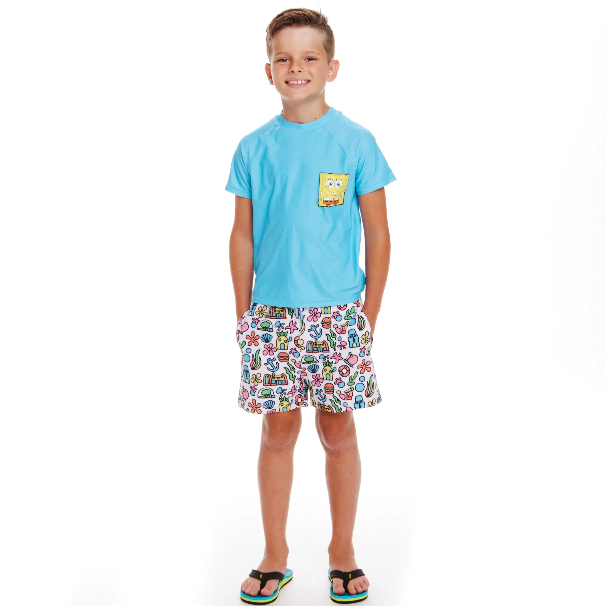 SpongeBob SquarePants™ x Andy & Evan® | Kids (2-7) 3D Dot Pocket & Bikini Bottom Rash Guard Set