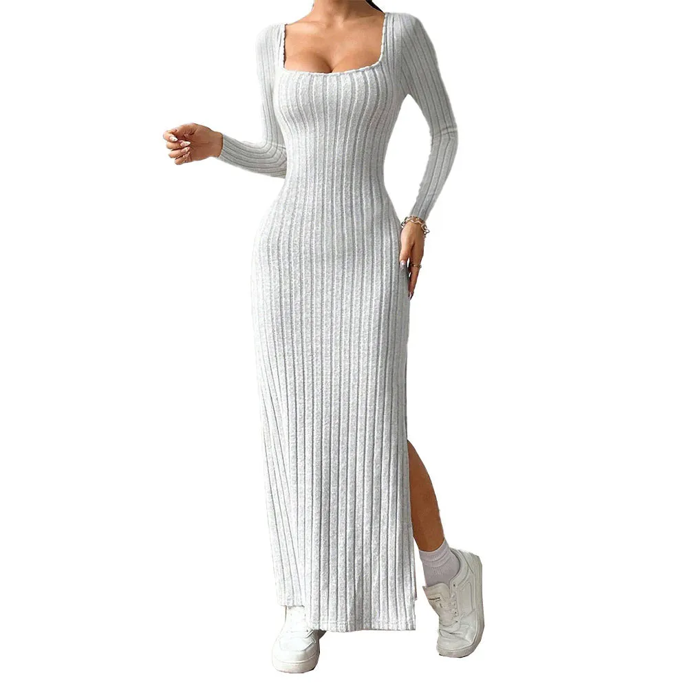Square Neck Open Back Design Long Sleeve Midi Dress Wholesale Womens Clothing N3824110900019
