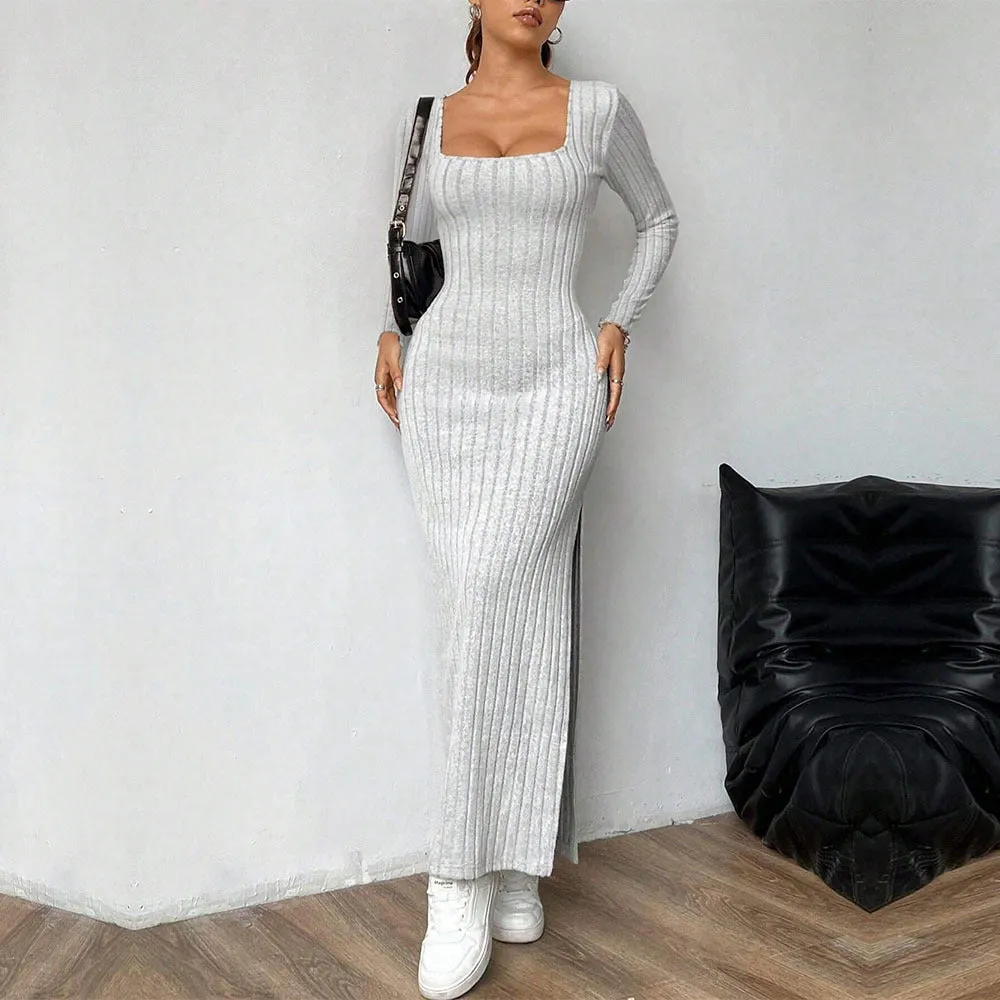 Square Neck Open Back Design Long Sleeve Midi Dress Wholesale Womens Clothing N3824110900019