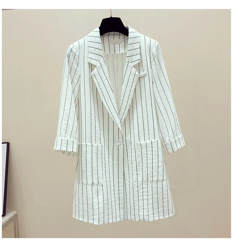 Striped Blazer Women Mid-Length Popular Casual Suit Korean Thin Breathable Outerwear