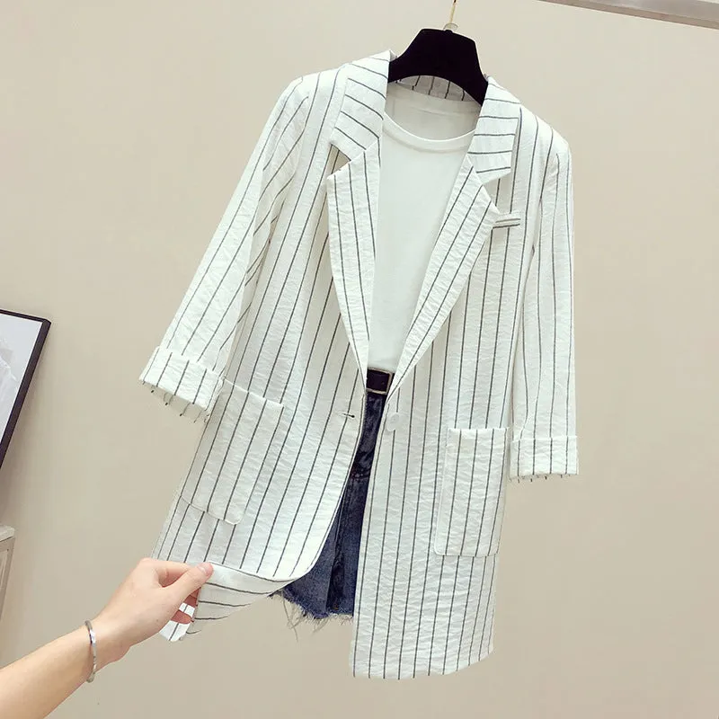 Striped Blazer Women Mid-Length Popular Casual Suit Korean Thin Breathable Outerwear