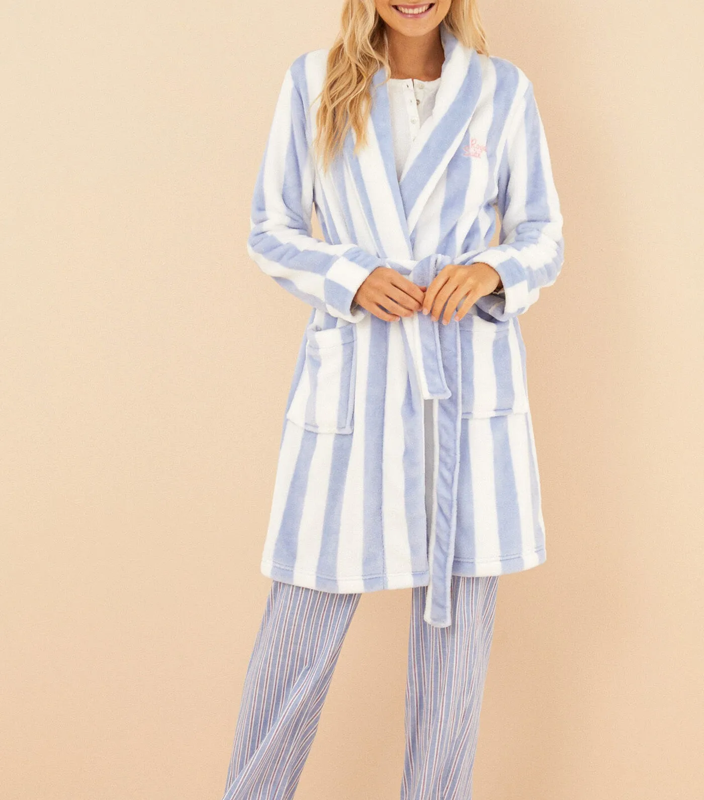 Striped Fleece Robe Blue