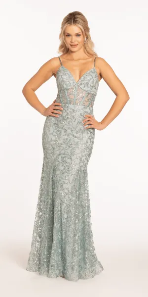 Sweetheart Corset Glitter Mesh Lace Up Back Column Dress