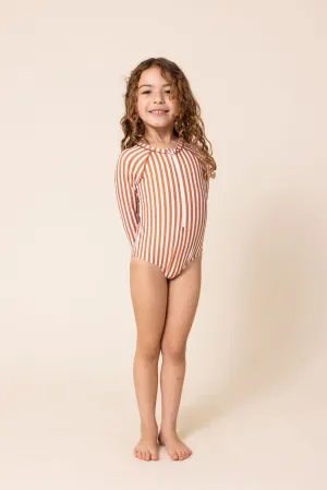Terracotta stripe zip rashguard girl swimsuit