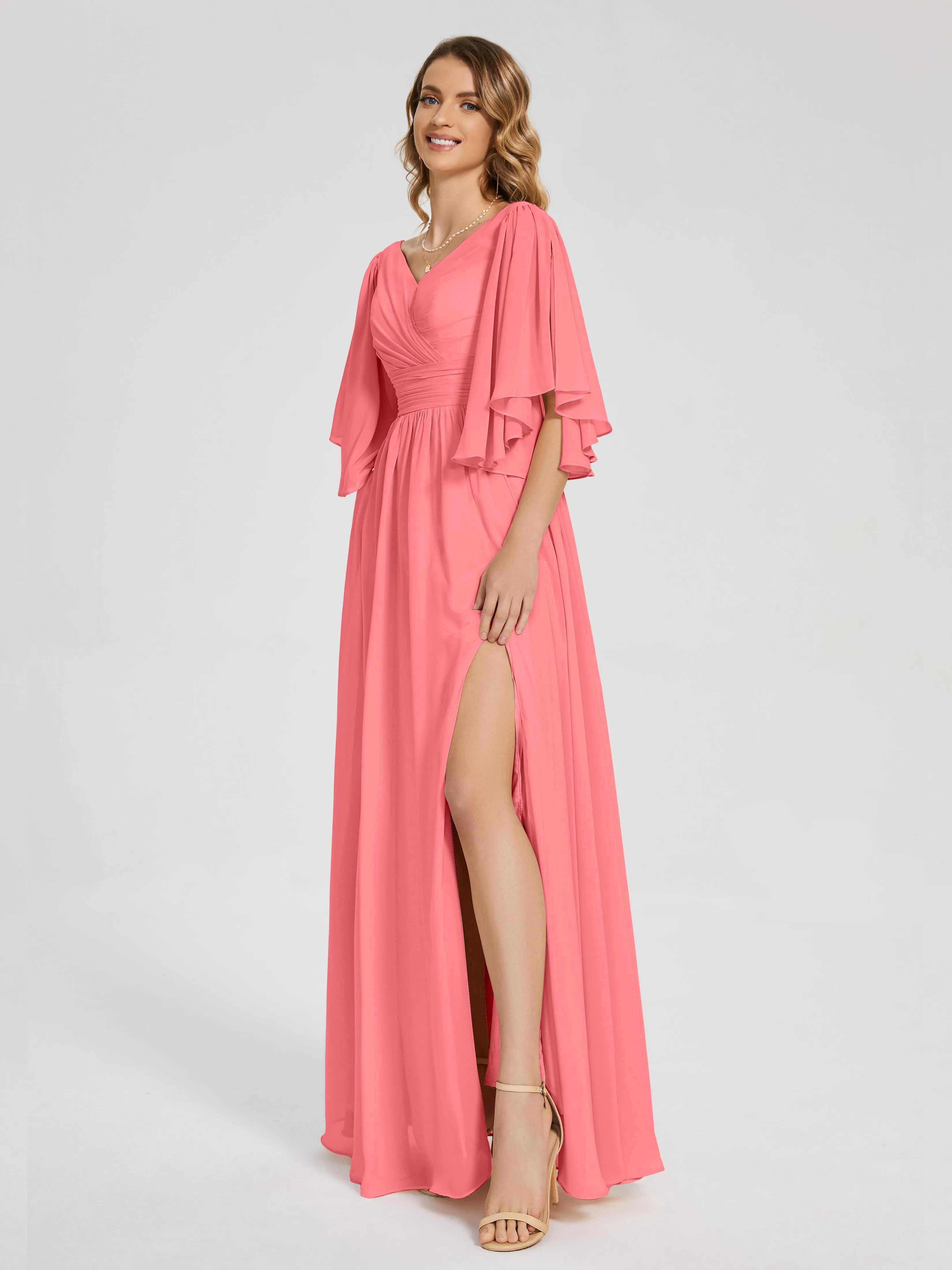 Watermelon Coloured Bridesmaid Dresses Giselle Pretty Corset Back Chiffon Bridesmaid Dresses