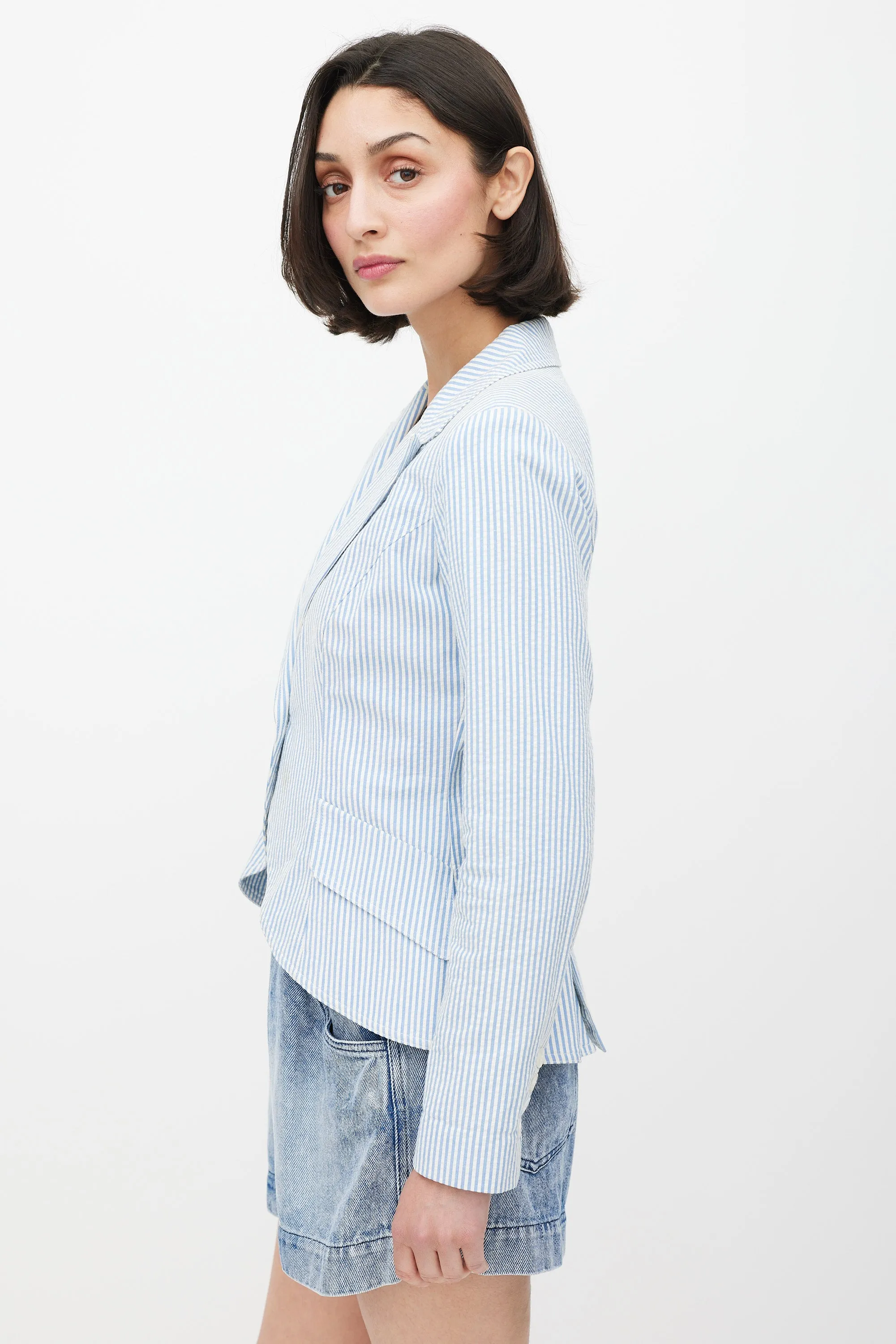 White & Blue Seersucker Striped Blazer
