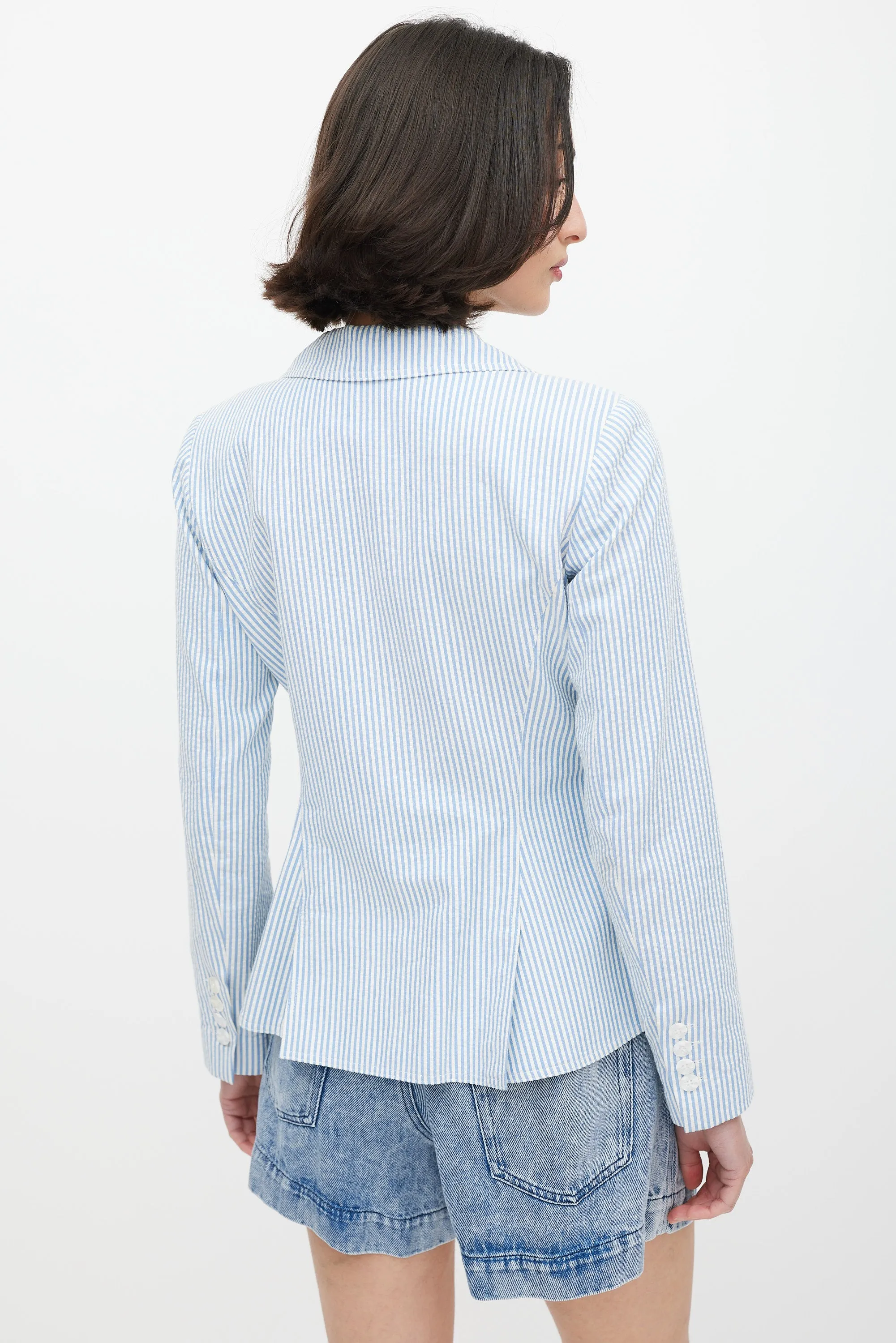 White & Blue Seersucker Striped Blazer