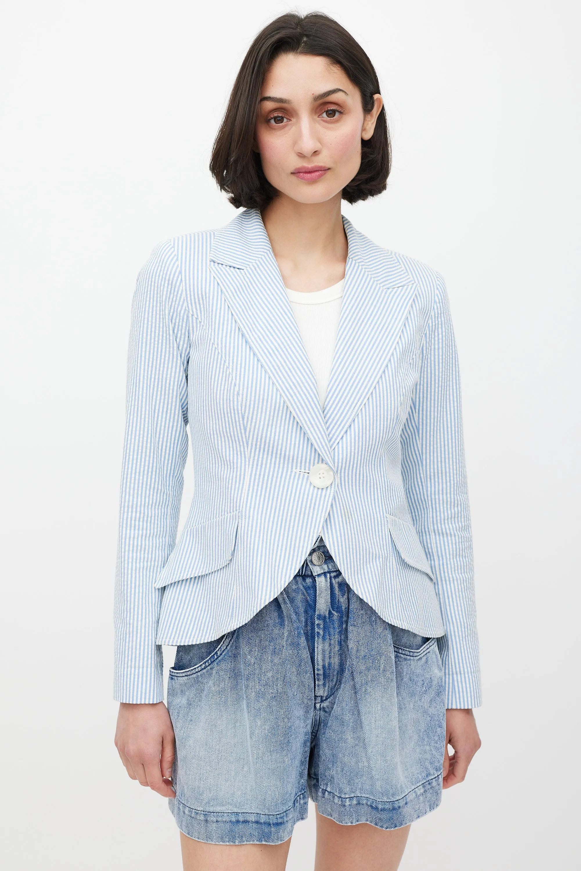 White & Blue Seersucker Striped Blazer