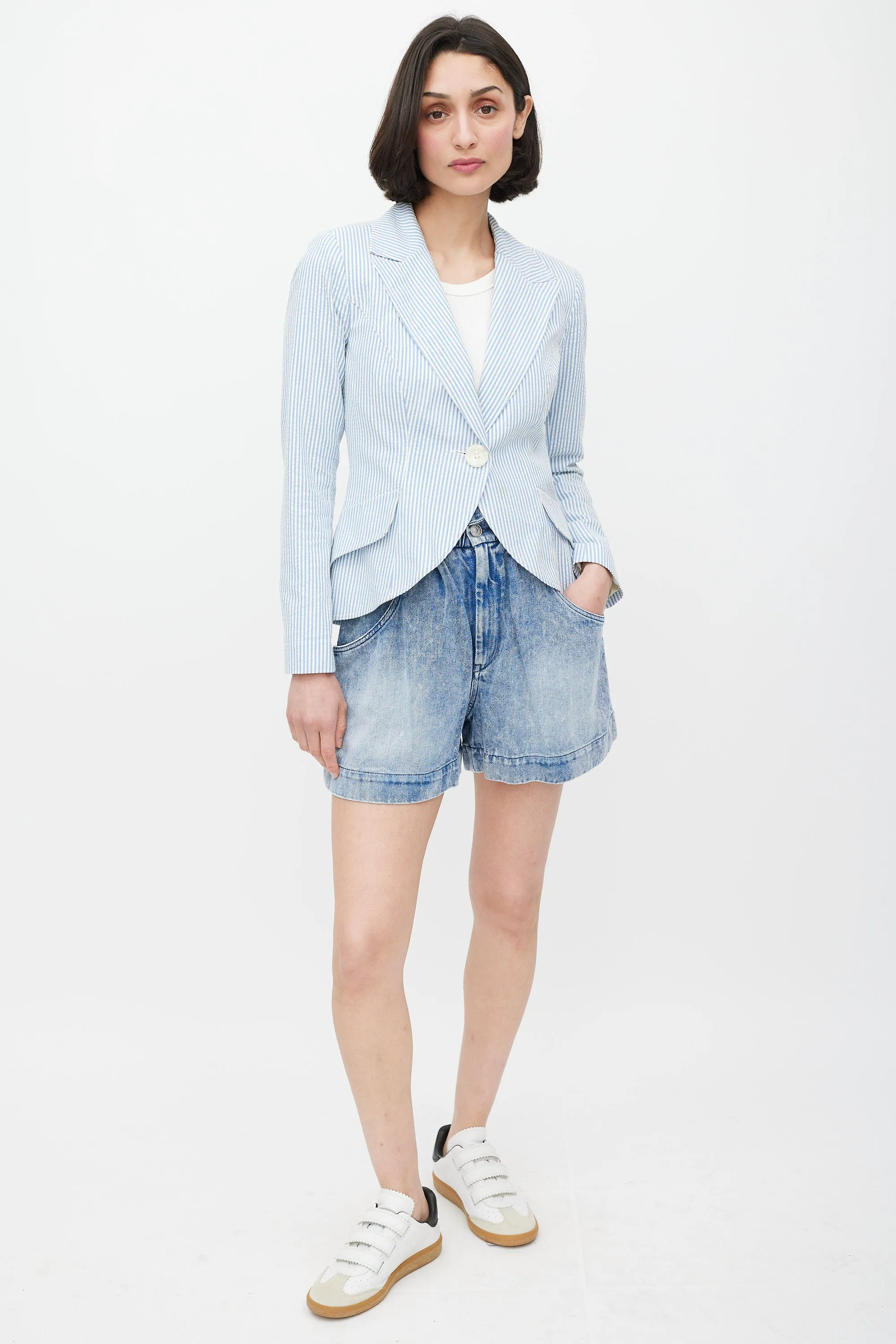 White & Blue Seersucker Striped Blazer