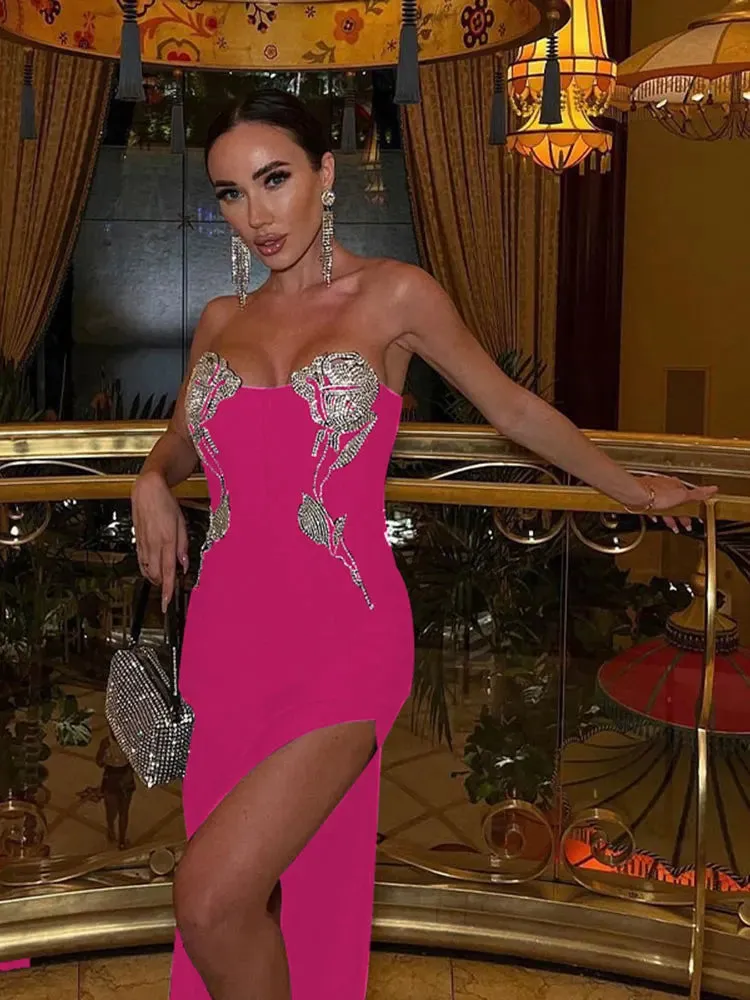 Women Wrap Chest Sleeveless Diamond Midi Dresses