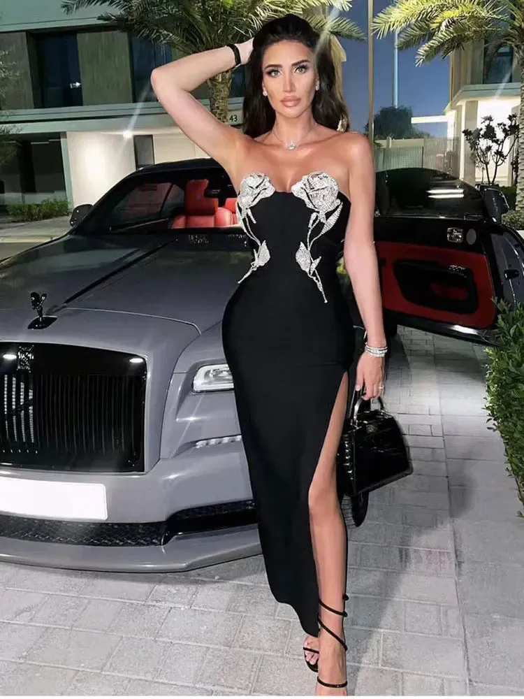 Women Wrap Chest Sleeveless Diamond Midi Dresses