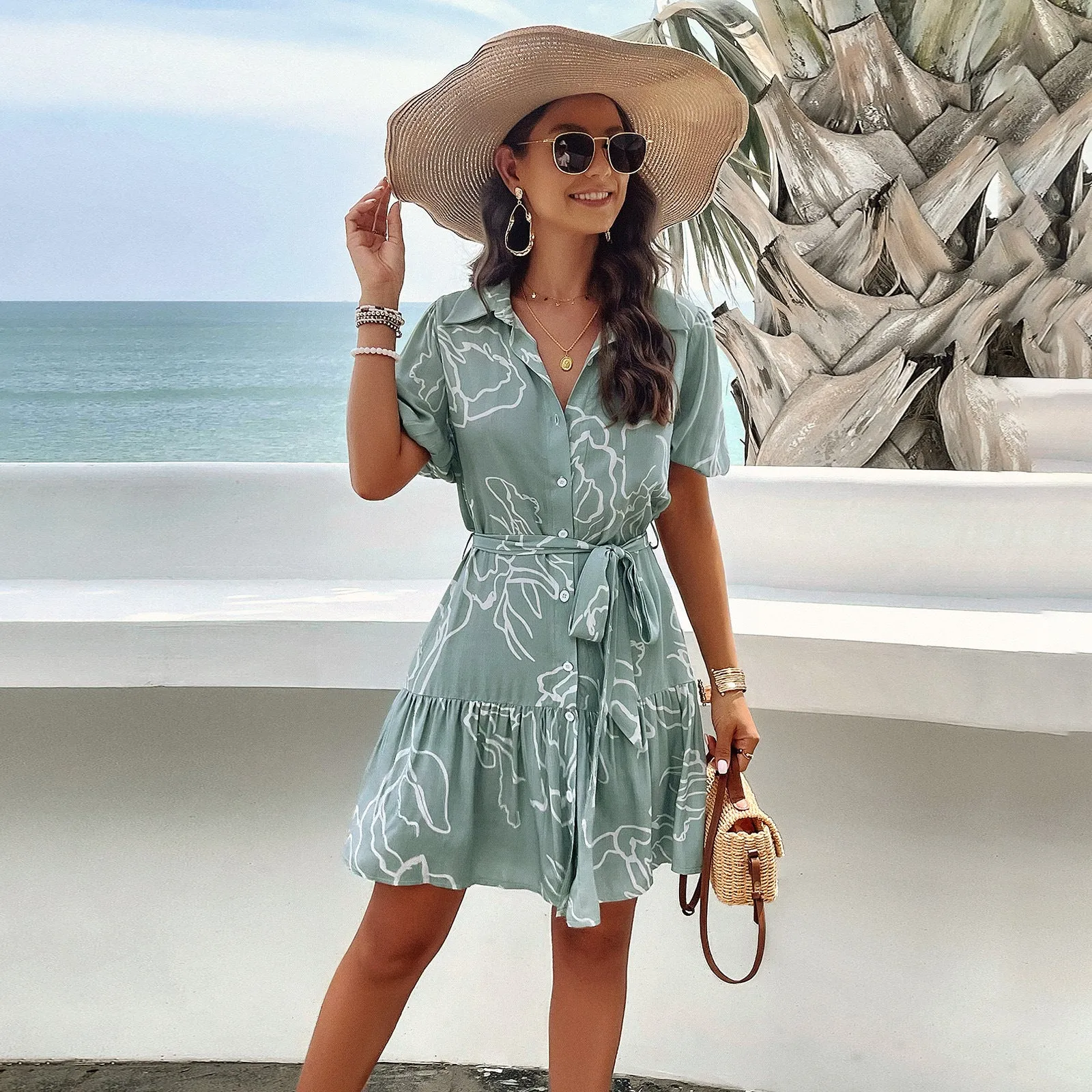 Women's Floral Print Lapel Short Sleeve Shirt Dresses Wholesale Womens Clothing N3823122900128